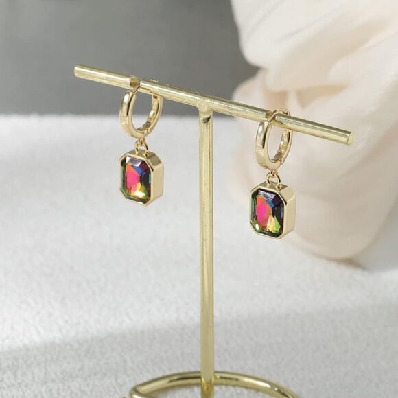 18K Yellow Gold with Vitrail Medium Crystal Dangling Octagon Huggie Earrings - Picture 3 of 7
